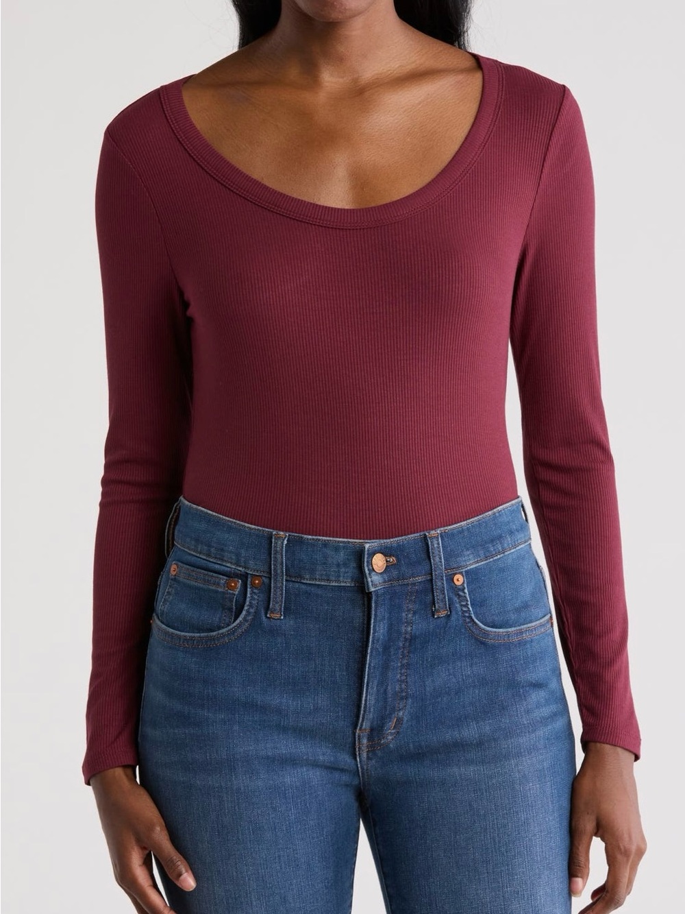 1 STATE  Women's Scoop Neck Ribbed Long Sleeve Top - Burgundy